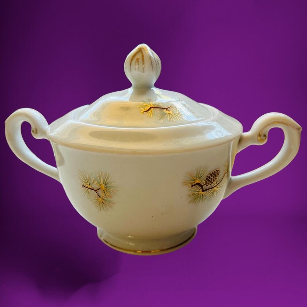 MCM Fukagawa ARITA Sugar Bowl Pine Cone Needles Gold Accents Japan Cottagecore